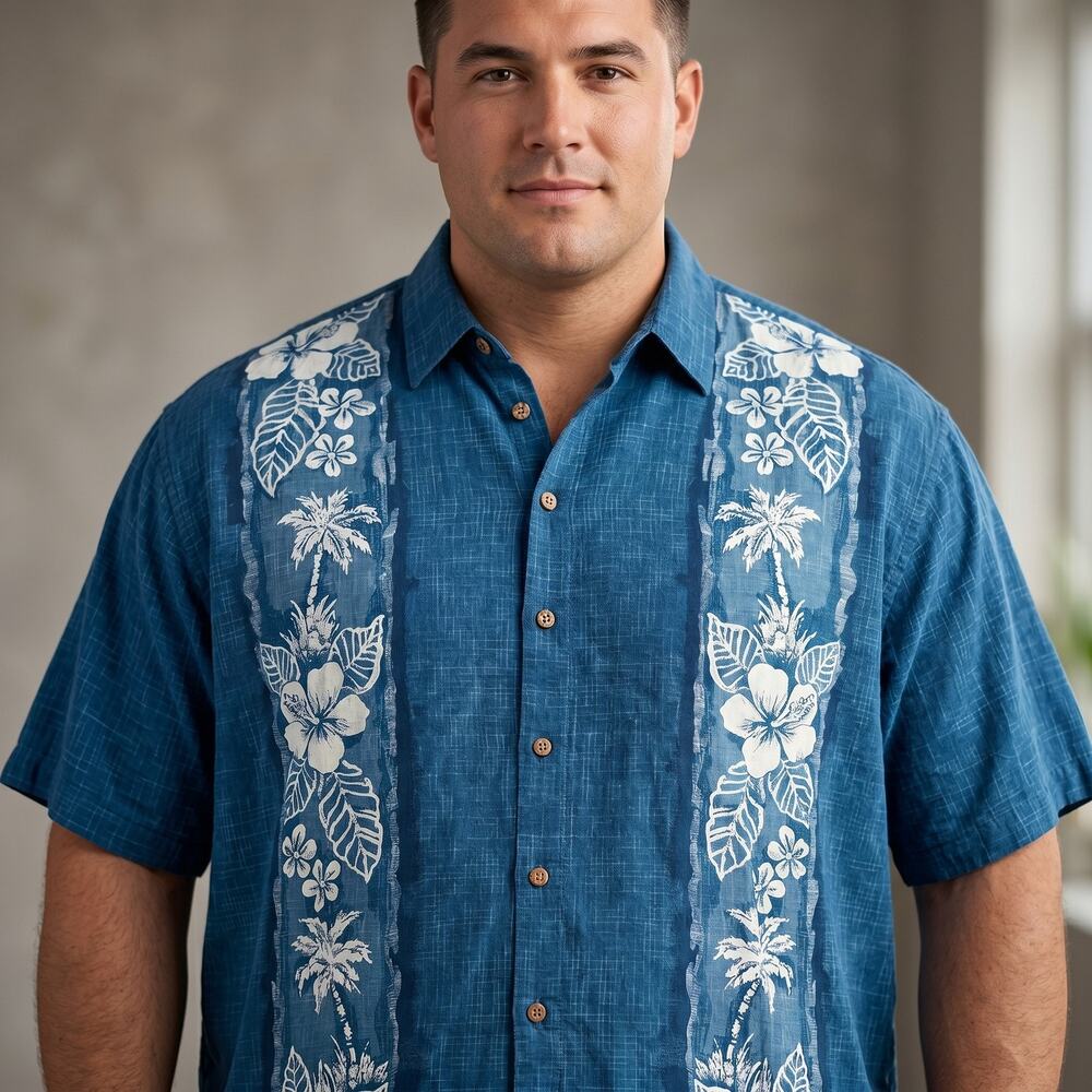 Campia Moda Men's Hawaiian Shirt Blue Tropical Palm Floral Panel Beach XL
